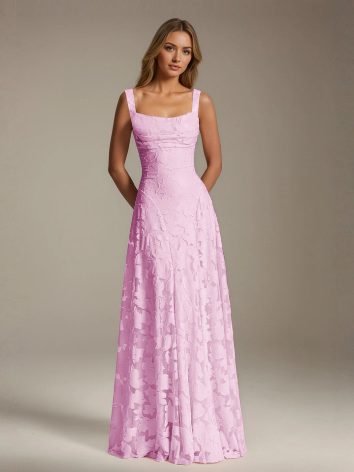 Adrienne women's floral lace A-line bridesmaid dress in light pink with a square neckline.