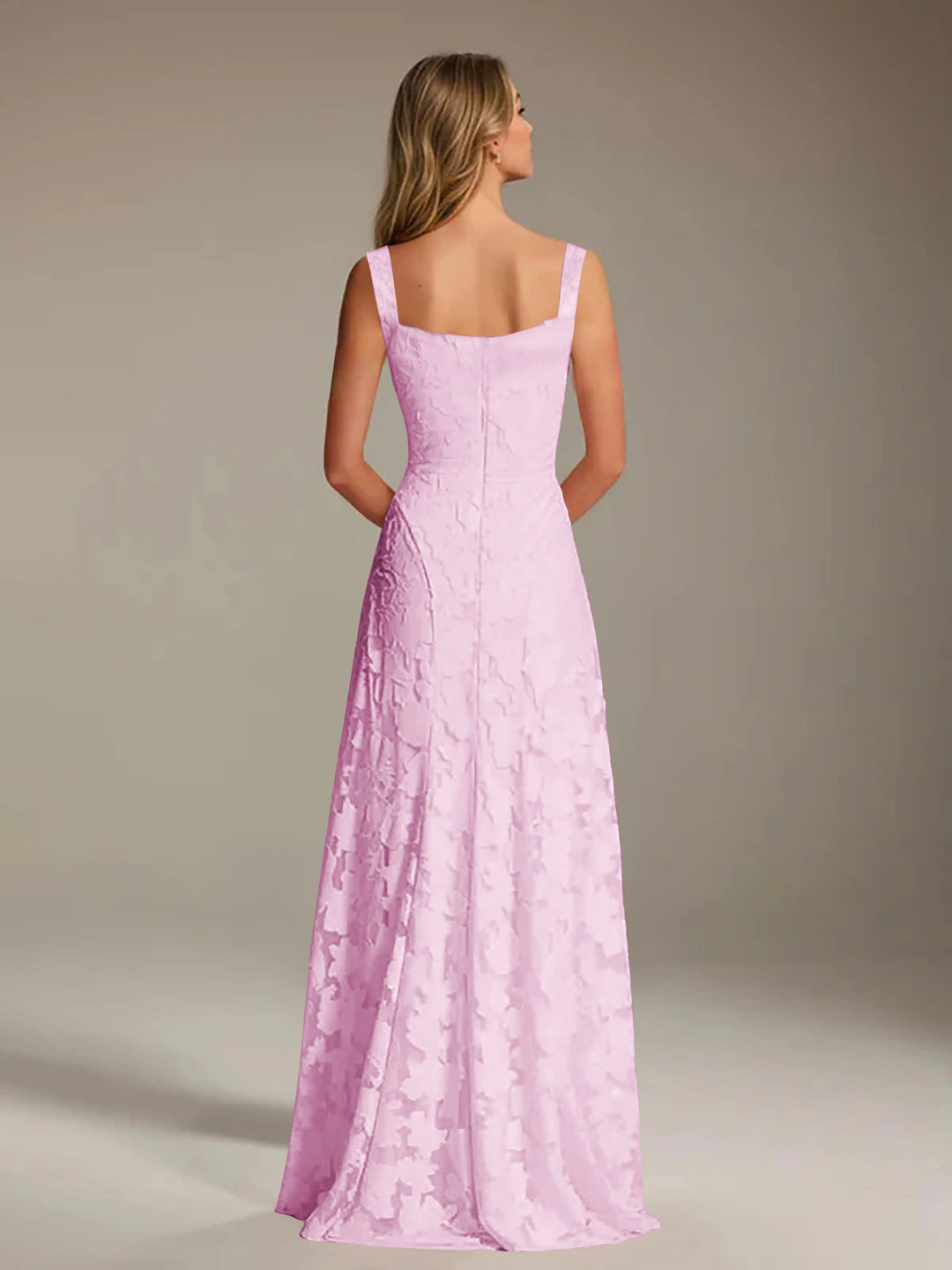 Adrienne women's floral bridesmaid dress: light pink A-line gown with square neckline and delicate lace.