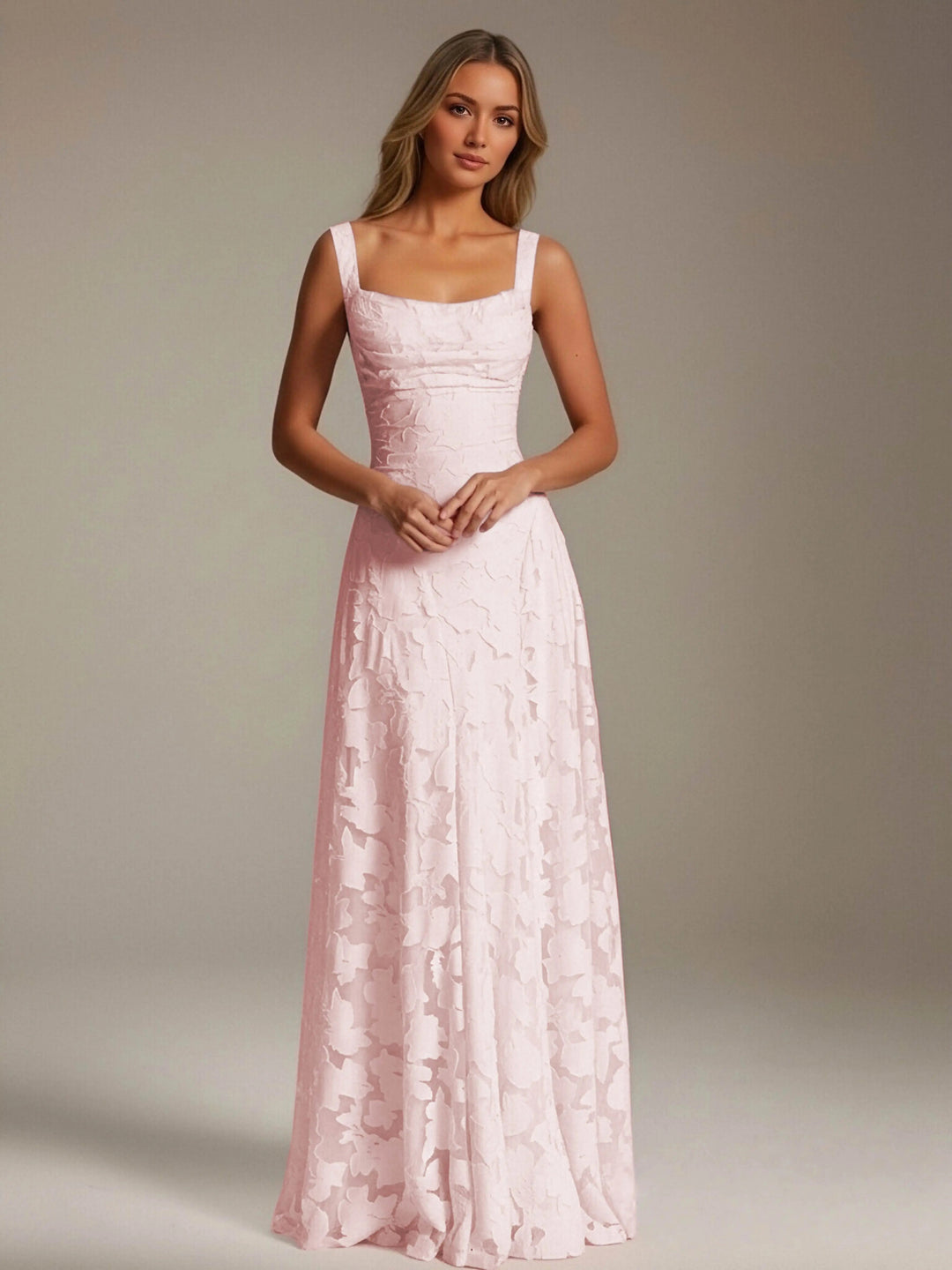 Adrienne women's floral bridesmaid dress: light pink A-line gown with square neckline and delicate lace.