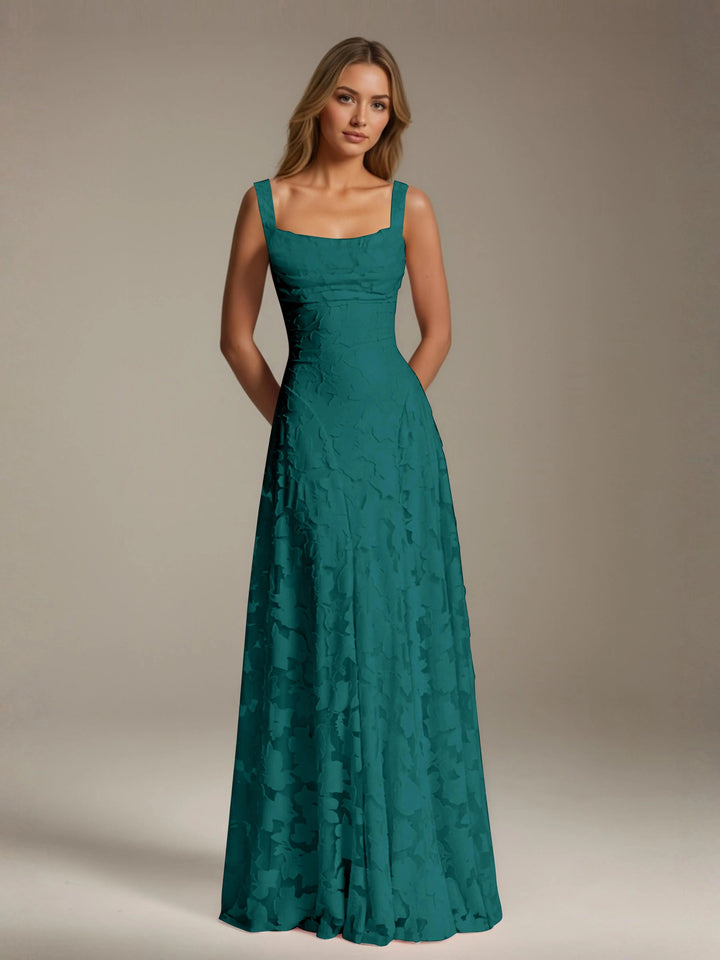Adrienne teal floral lace A-line bridesmaid dress with square neckline and flowing floor-length skirt.