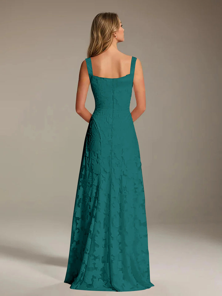 Adrienne teal floral lace A-line bridesmaid dress with square neckline, sleeveless design, and floor-length skirt.