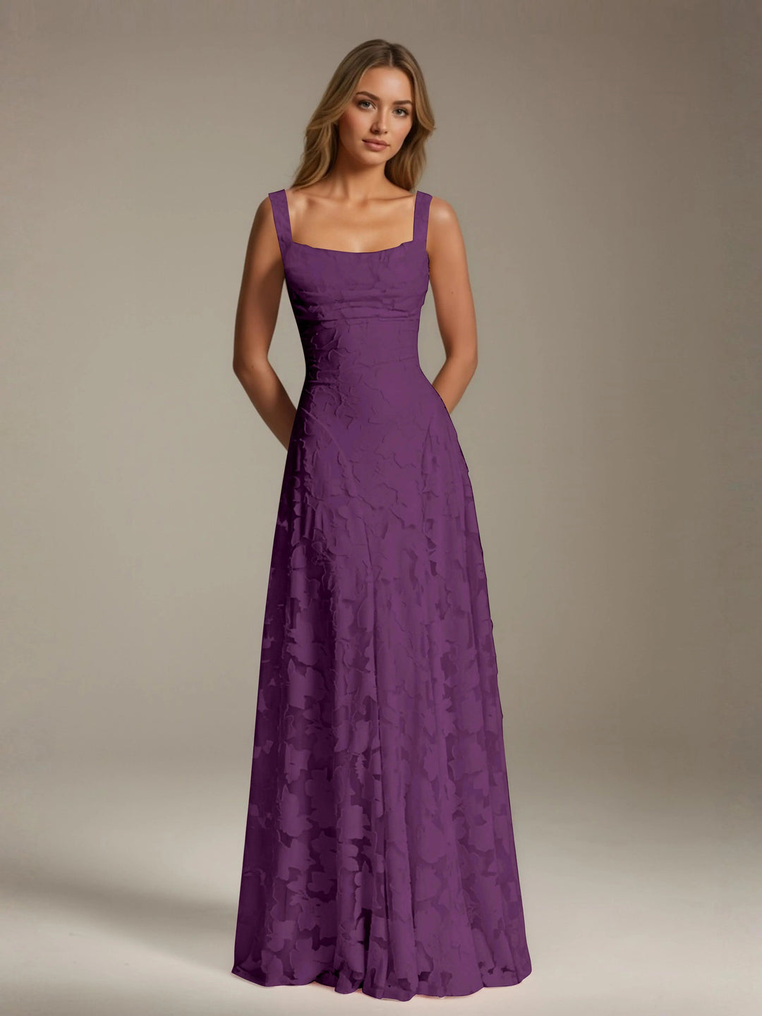 Adrienne women's purple floral lace A-line bridesmaid dress with square neckline.