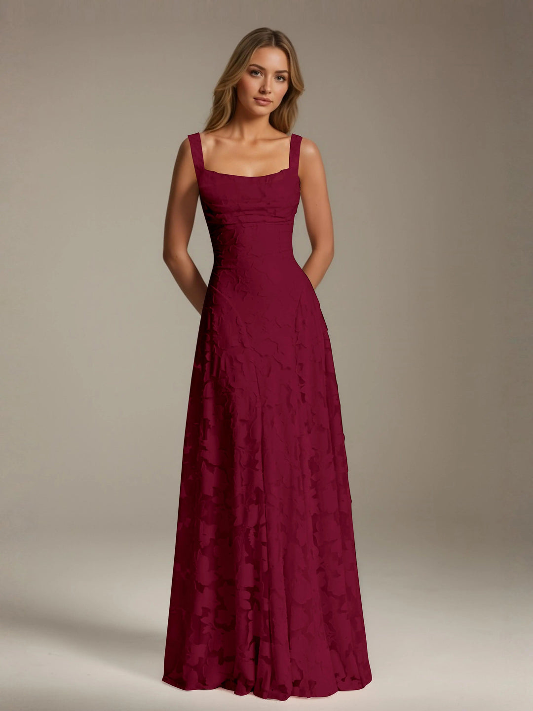Adrienne floral lace A-line bridesmaid gown in burgundy with a square neckline.