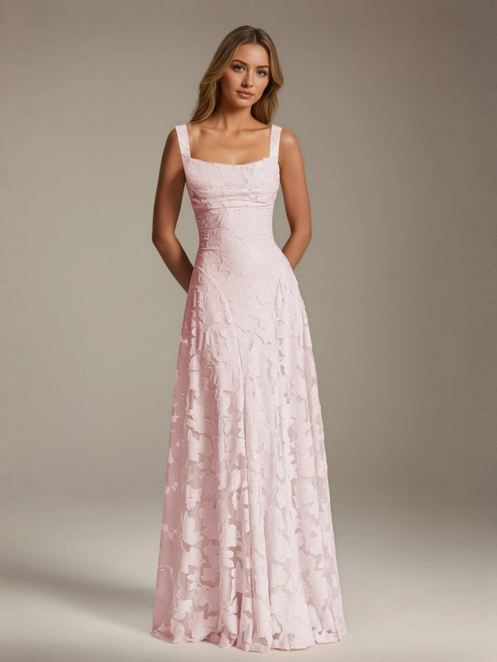 Women's Adrienne floral lace A-line bridesmaid gown in light pink with a square neckline.