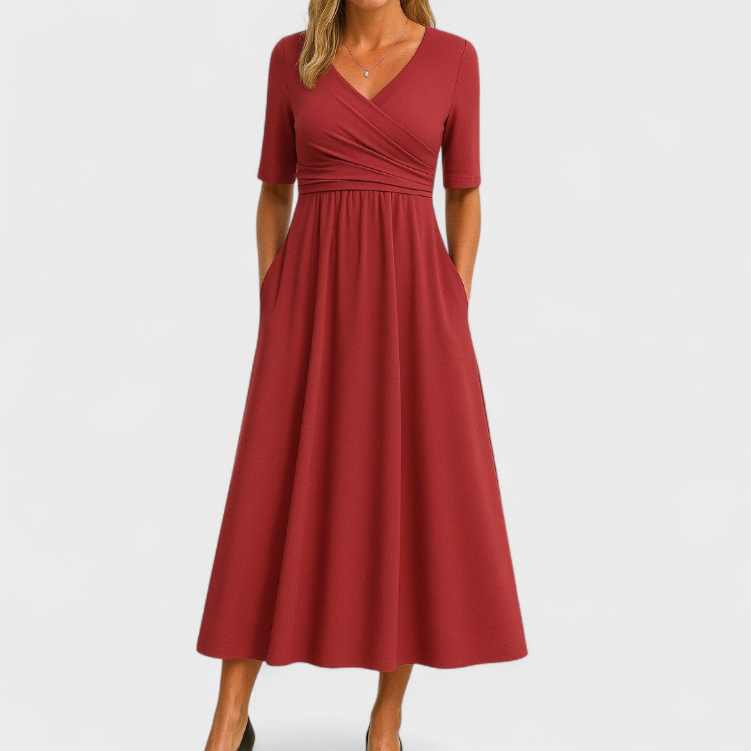 Amaya women's red V-neck wrap-style midi dress with elbow sleeves and side pockets.