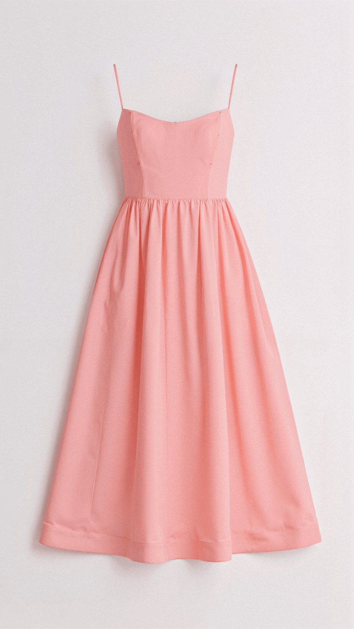 Pink Arabella women's A-line midi dress with spaghetti straps, flowing fabric.
