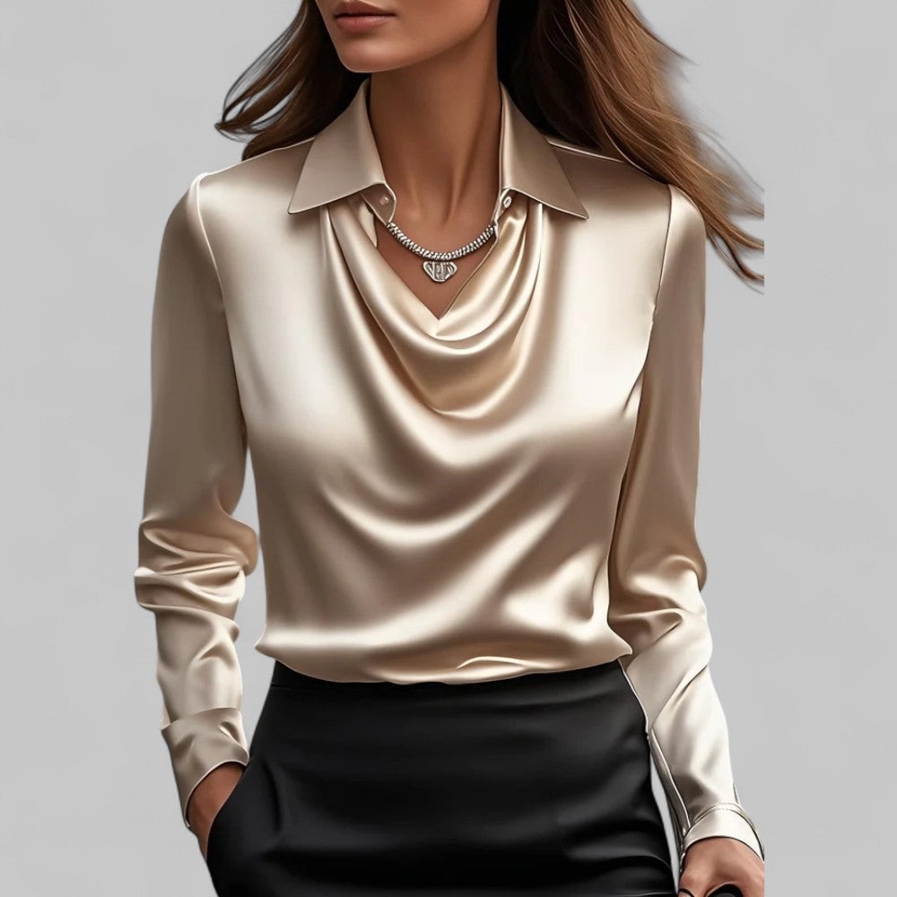 Champagne gold satin long-sleeve blouse with a draped cowl neckline and collar.