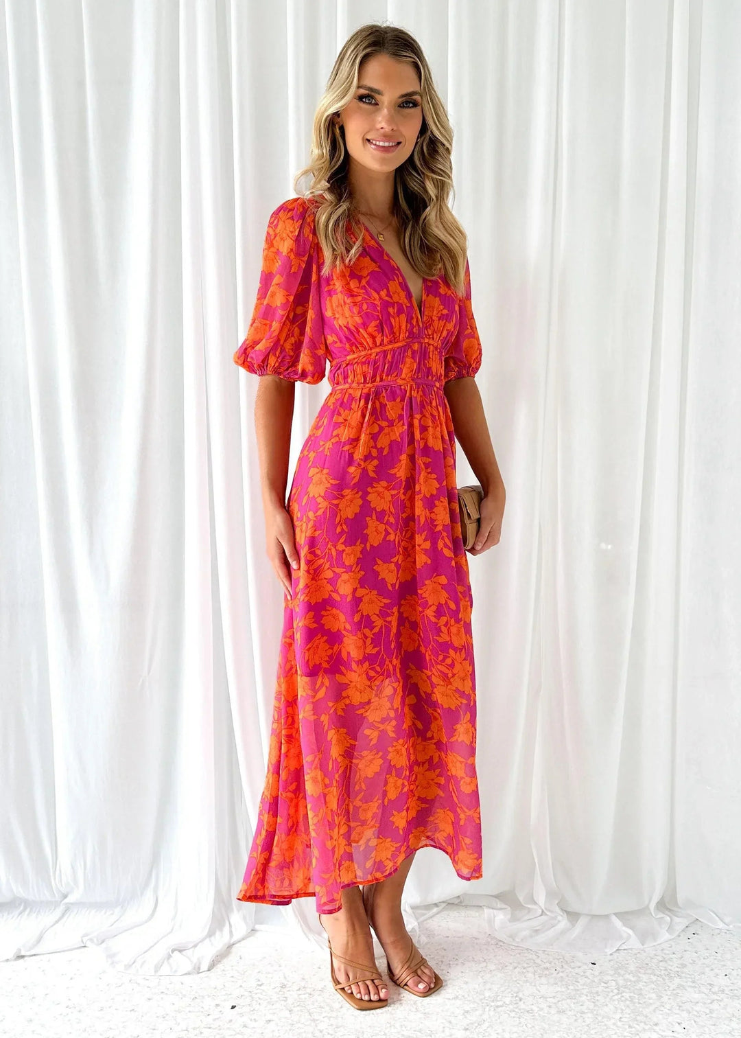 Aria Women's Floral V-Neck Maxi Dress in vibrant pink with orange floral print, short sleeves, and flowing silhouette.