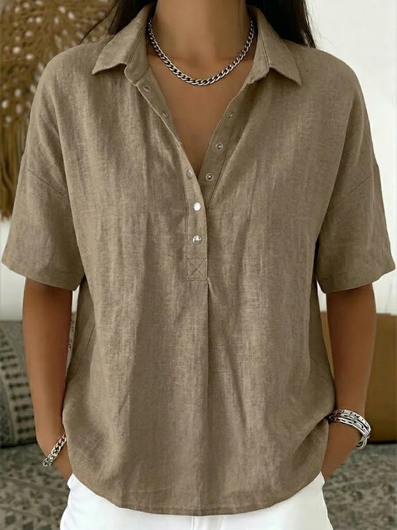 Ava women's relaxed fit collared button-up shirt in breathable brown fabric, perfect for effortless style.