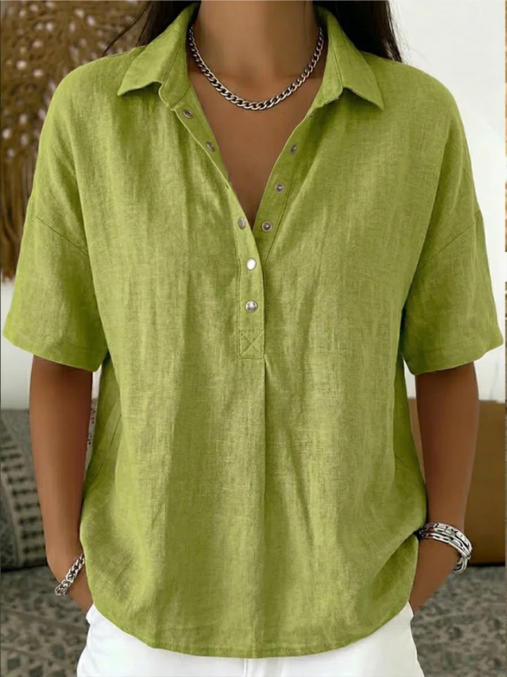 Ava women's collared button-up shirt in a relaxed, breathable lime green fabric.