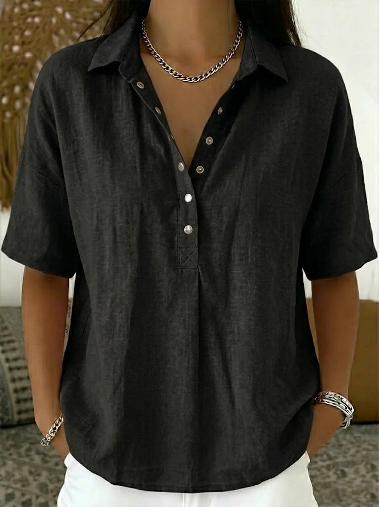 Women's black Ava collared button-up shirt with a relaxed fit and short sleeves.