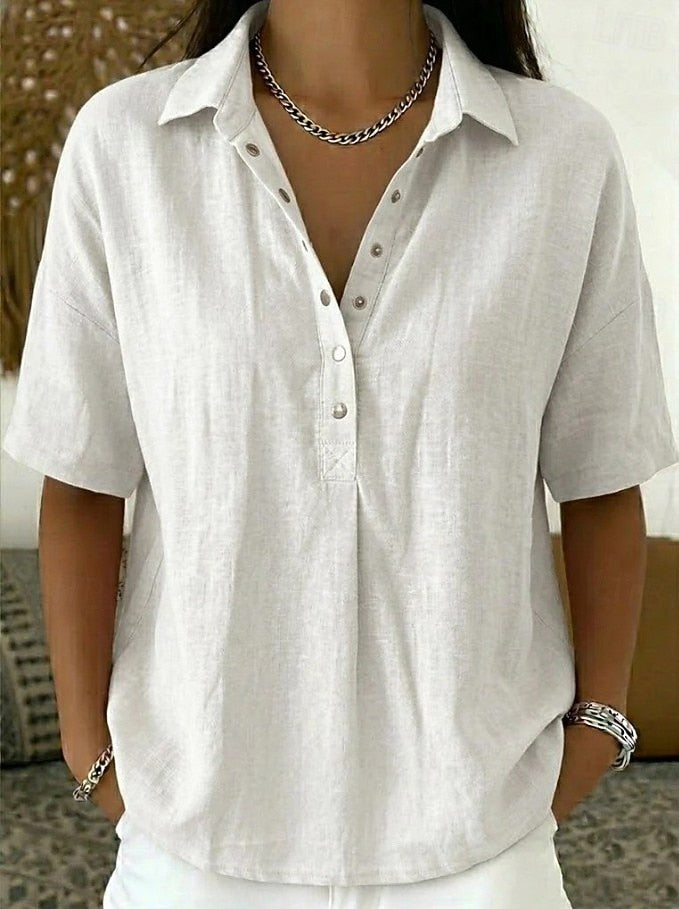 Ava women's collared button-up shirt in light gray, featuring a relaxed fit and breathable fabric.