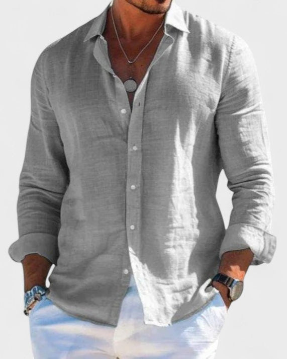 Men's Blake light gray linen button-up shirt with classic collar, styled for refined ease.