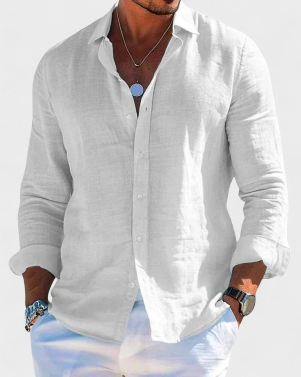 Men's Blake white linen button-up shirt with classic collar, styled for refined ease.
