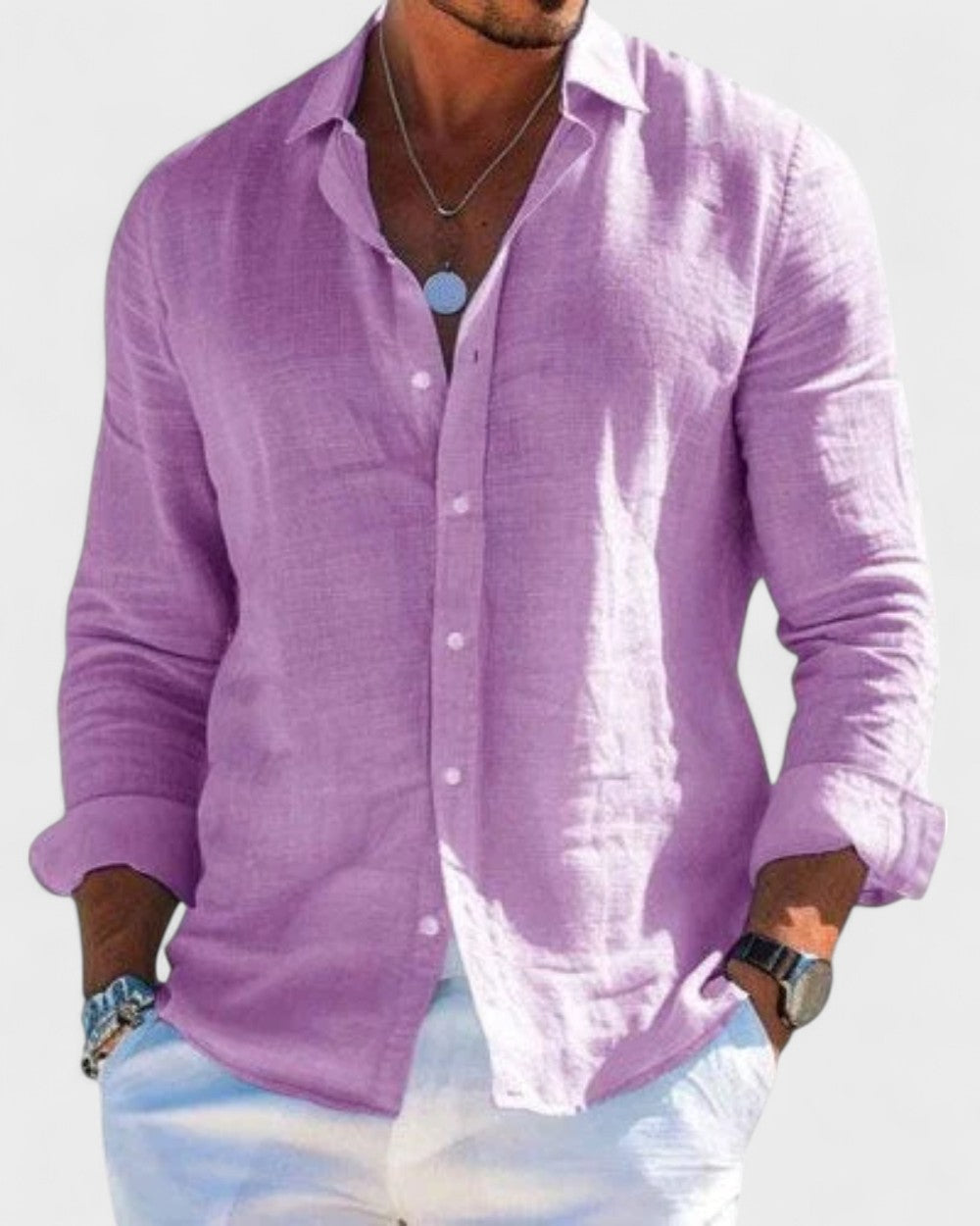 Men's Blake lavender linen button-up shirt, straight cut, classic collar, perfect for warm-weather dressing.