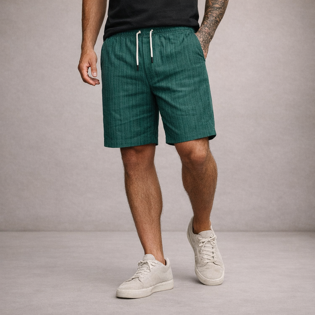 Men's Brandon forest green textured linen drawstring summer shorts with side pockets.