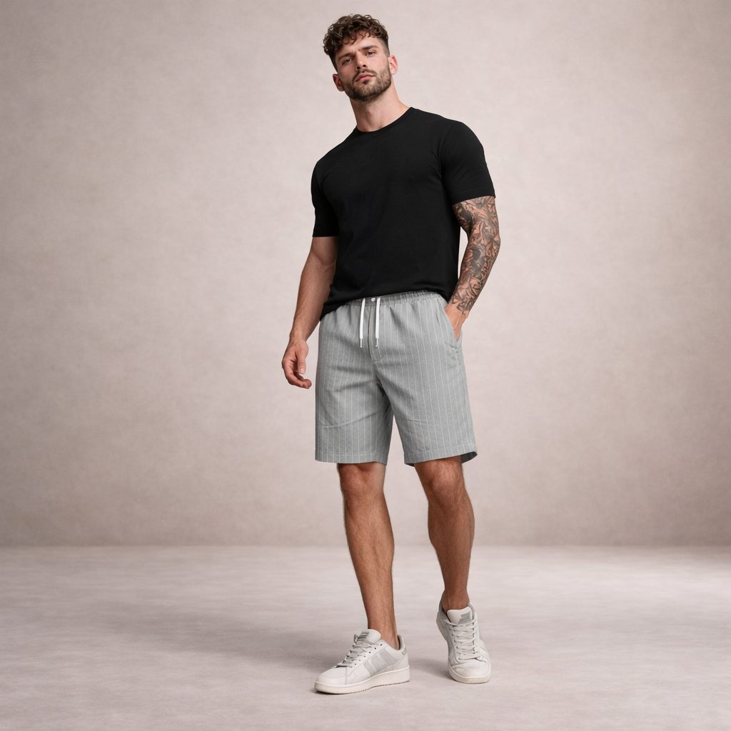 Men's Brandon light gray pinstripe linen summer shorts with white drawstring, styled with a black tee.