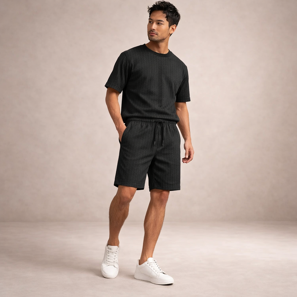 Man wearing black pinstripe linen drawstring shorts and matching tee with white sneakers.