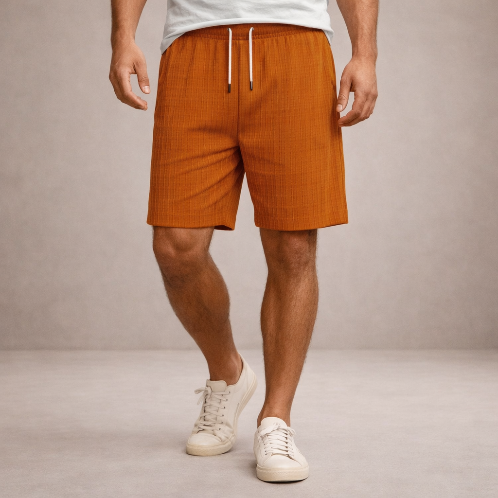 Men's Brandon rust orange textured linen drawstring summer shorts, above-knee length, with side pockets.