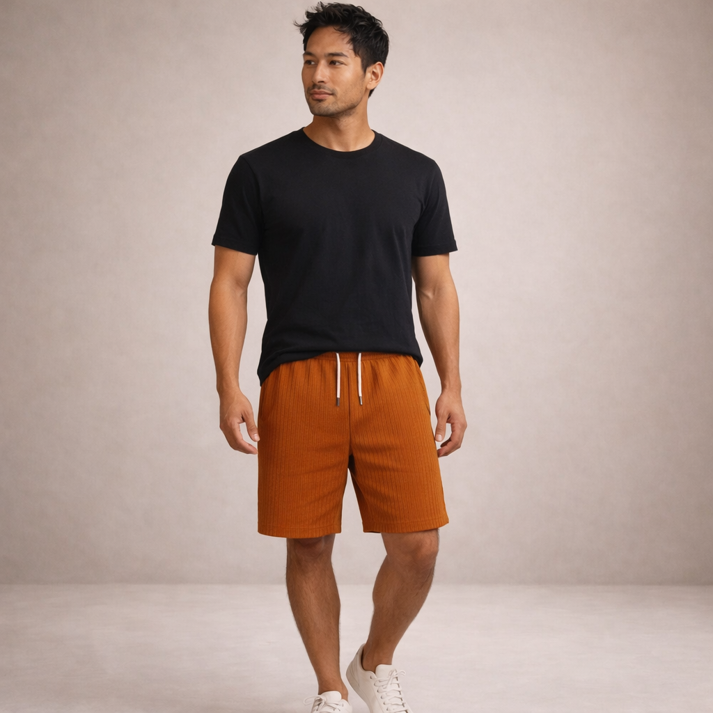 Man wearing Brandon men's rust drawstring linen summer shorts with a black tee and white sneakers.