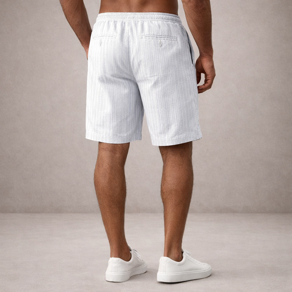 Men's light blue striped linen drawstring summer shorts with back pockets.