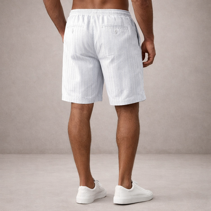 Men's light blue striped linen drawstring summer shorts with back pockets.