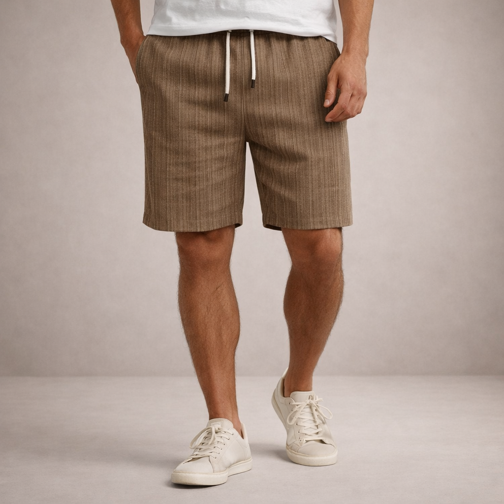 Men's Brandon brown striped linen drawstring summer shorts with side pockets and above-knee length.