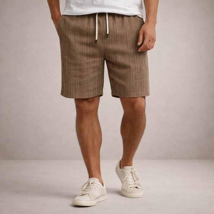Men's Brandon brown striped linen drawstring summer shorts with side pockets and above-knee length.