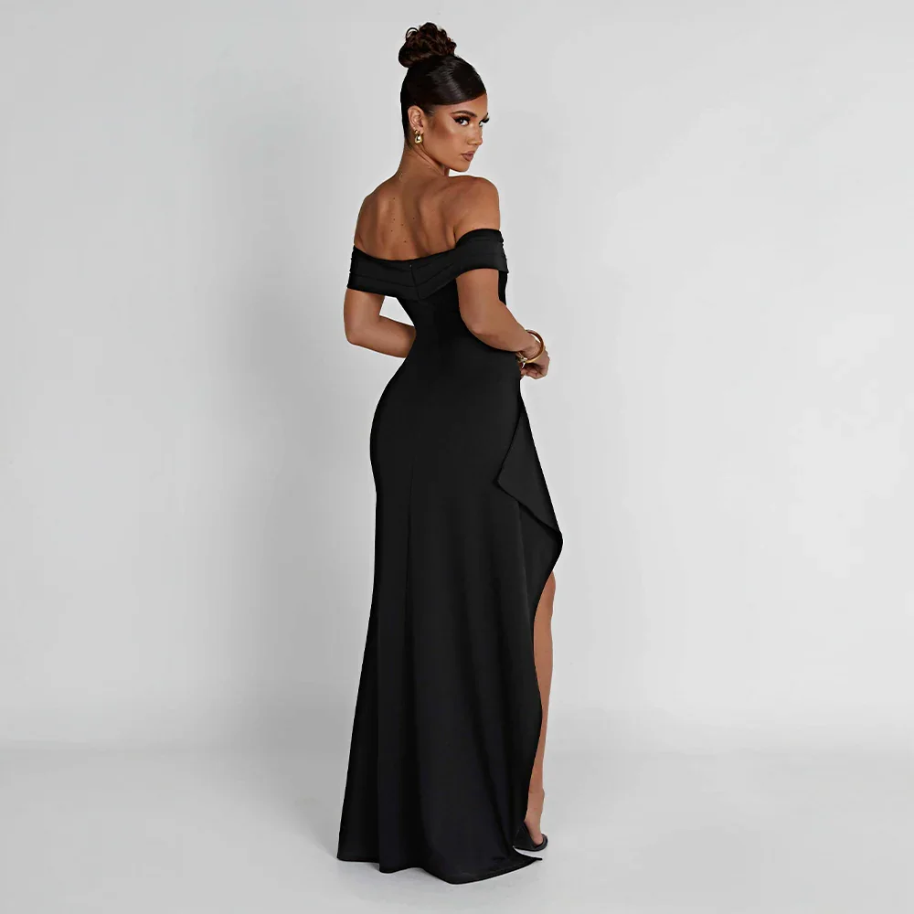 Bria women's black off-shoulder maxi dress with a high slit, flowing fabric.