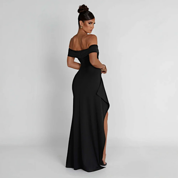 Bria women's black off-shoulder maxi dress with a high slit, flowing fabric.