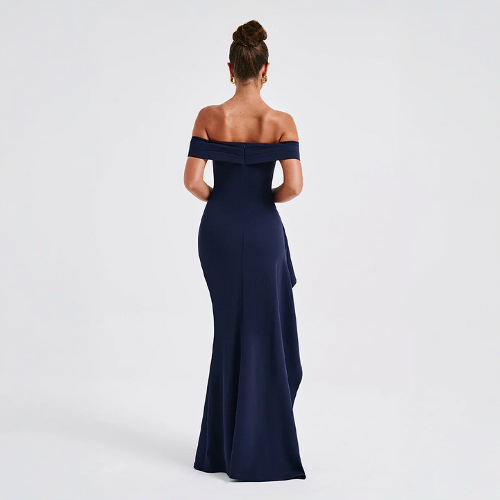 Bria women's black off-shoulder maxi dress with a high slit, flowing fabric.