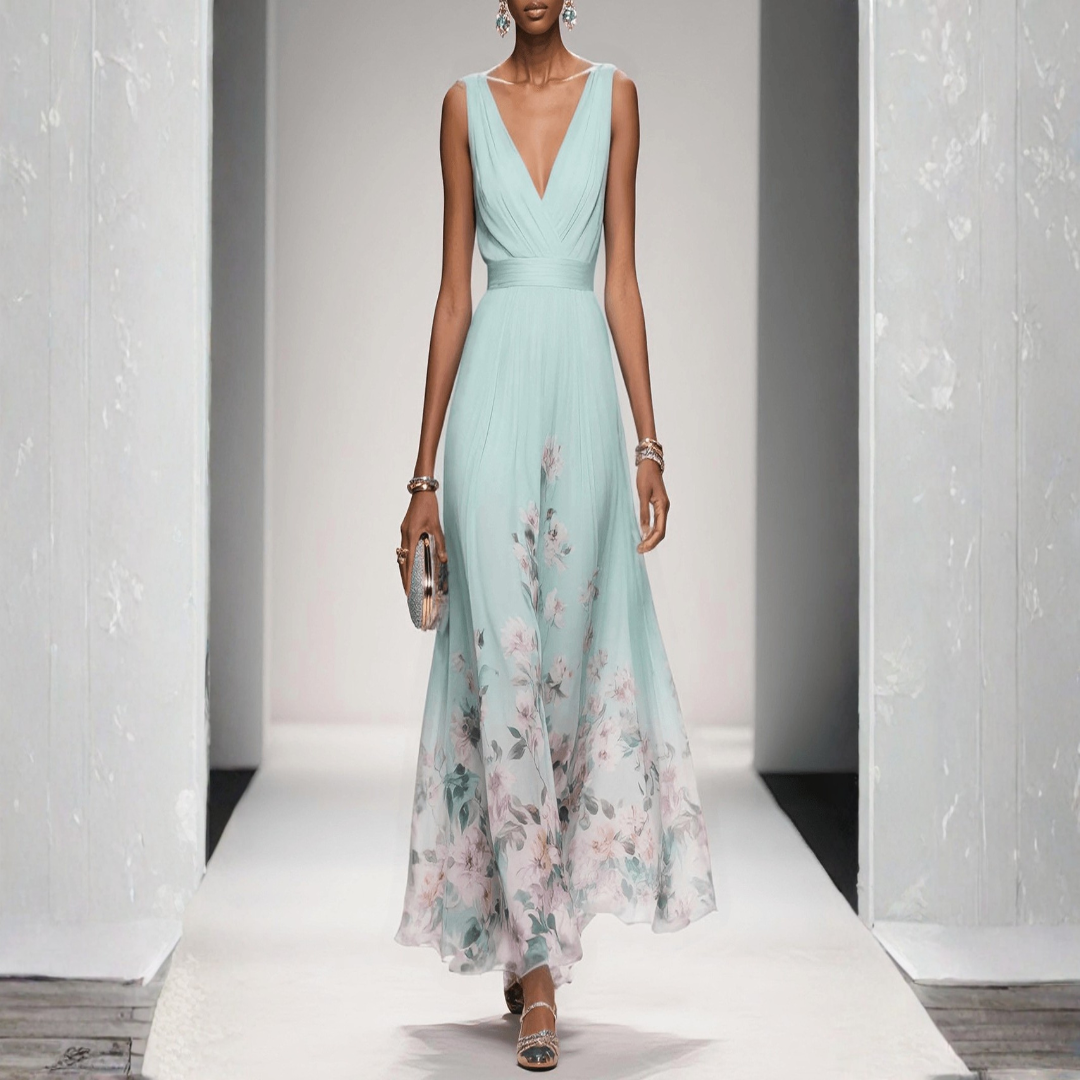 Britta women's mint green floral V-neck sleeveless maxi dress with flowing skirt.