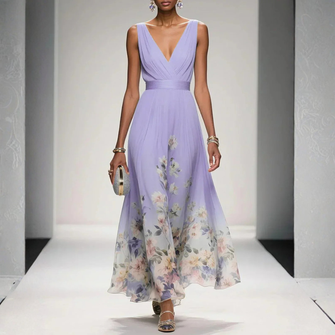 Women's Britta floral V-neck maxi dress in lavender with a flowing skirt and elegant open-shoulder design.