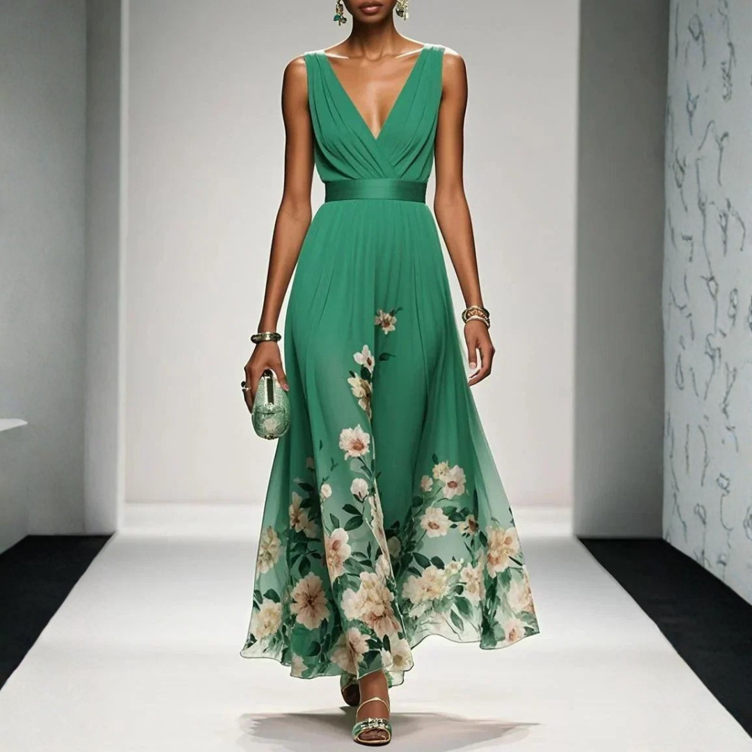 Britta Women's Floral V-Neck Maxi Dress in green with a flowing floral skirt.