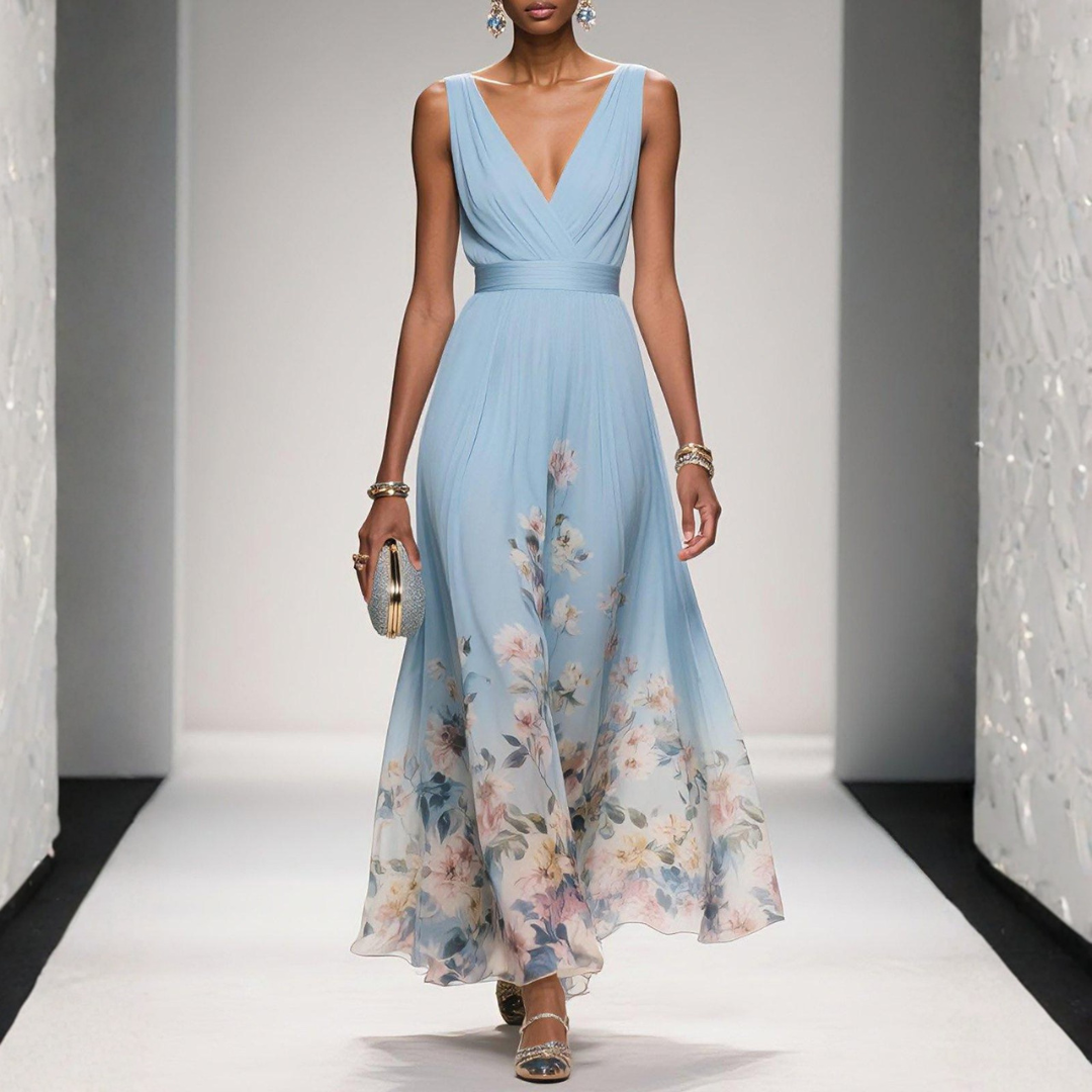 Women's Britta light blue floral V-neck sleeveless maxi dress with flowing skirt.