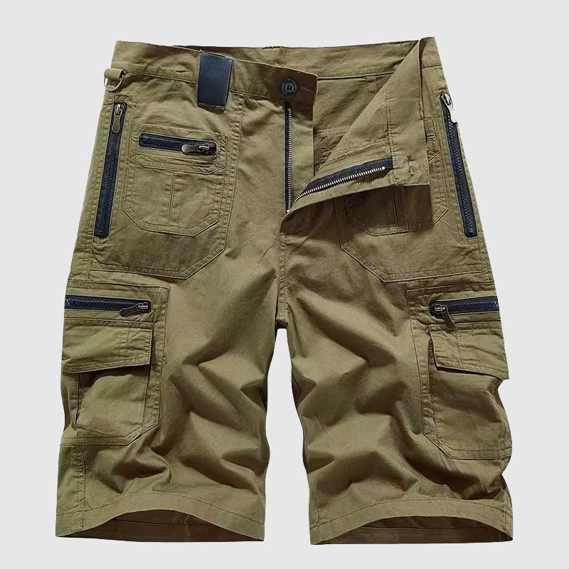 Men's Caleb multi-pocket olive green cargo shorts with zip fly and side utility pockets.