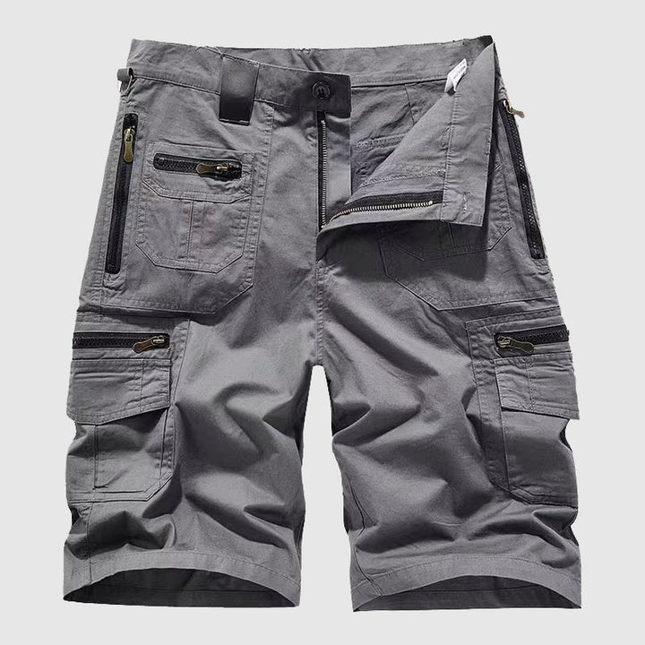 Caleb men's multi-pocket gray cargo shorts with zip fly, button closure, and side utility pockets.