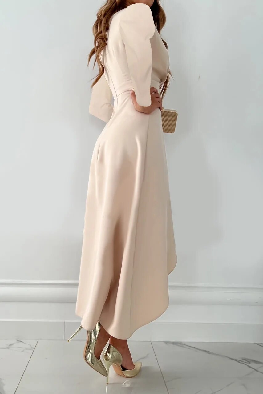 Elegant Camille V-neck sheath midi dress in refined ease fabric, featuring a subtle front slit and a graceful silhouette.