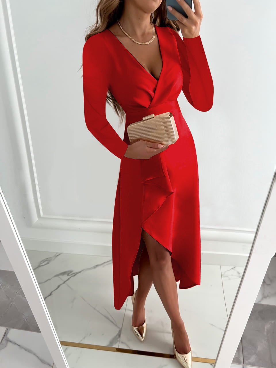 Camille red V-neck sheath midi dress with subtle front slit, long sleeves, and elegant draping.