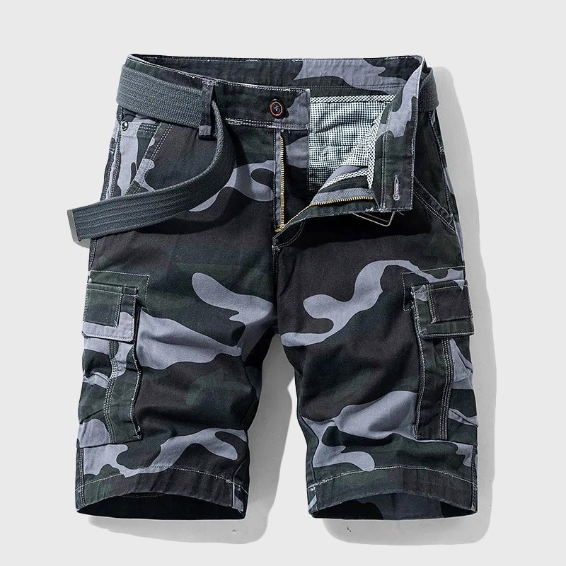 Men's Carter camo belted cargo shorts with side pockets and zip fly, offering a bold utility-inspired look.
