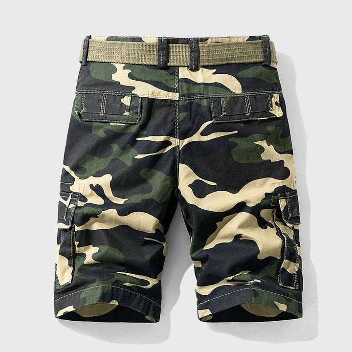 Men's Carter camo belted cargo shorts with side pockets and a coordinating belt for a utility-inspired look.