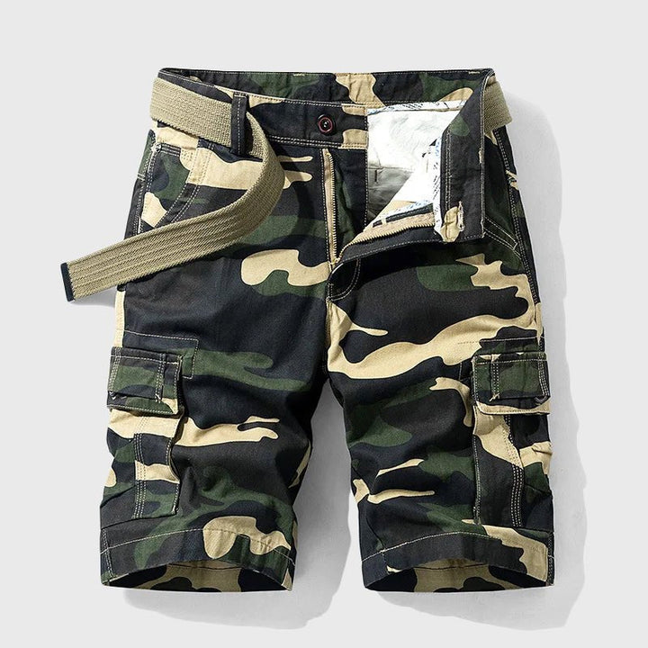 Men's Carter camo belted cargo shorts with side pockets and zip fly, ready for your next adventure.