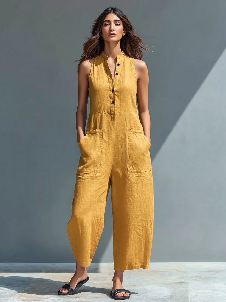 Woman in a mustard linen blend sleeveless button-up wide-leg jumpsuit with front pockets and a stand collar.