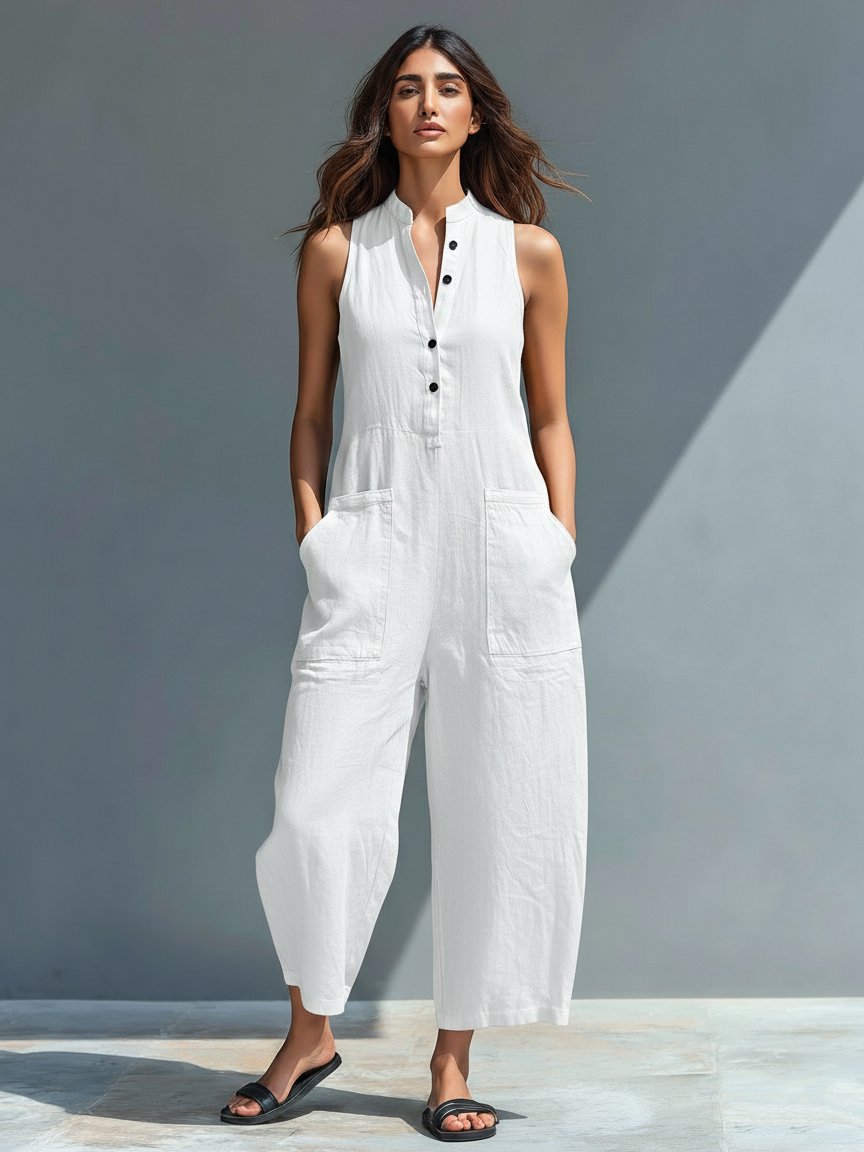 Woman in a white linen blend sleeveless button-up wide-leg jumpsuit with a stand collar and front pockets.