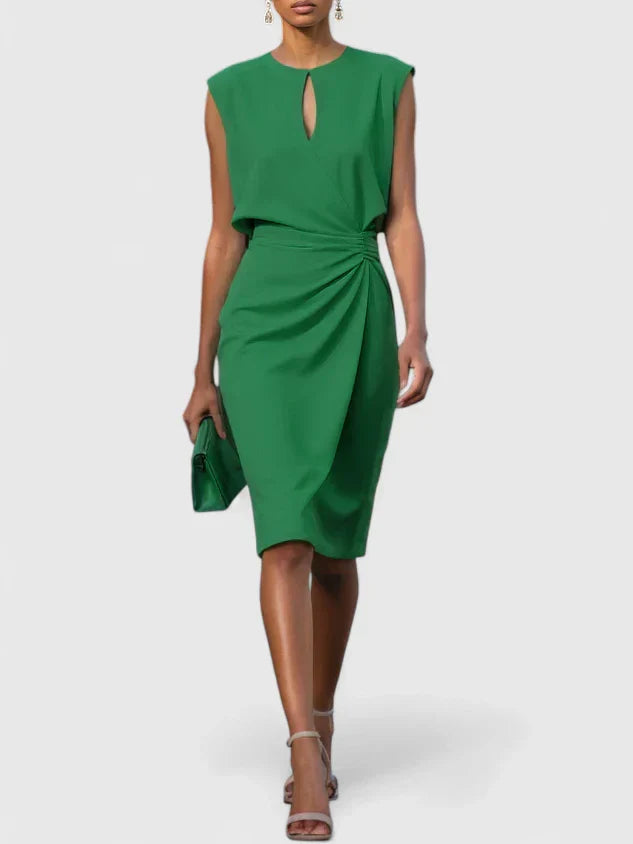 Green sleeveless keyhole sheath dress with draped waist.
