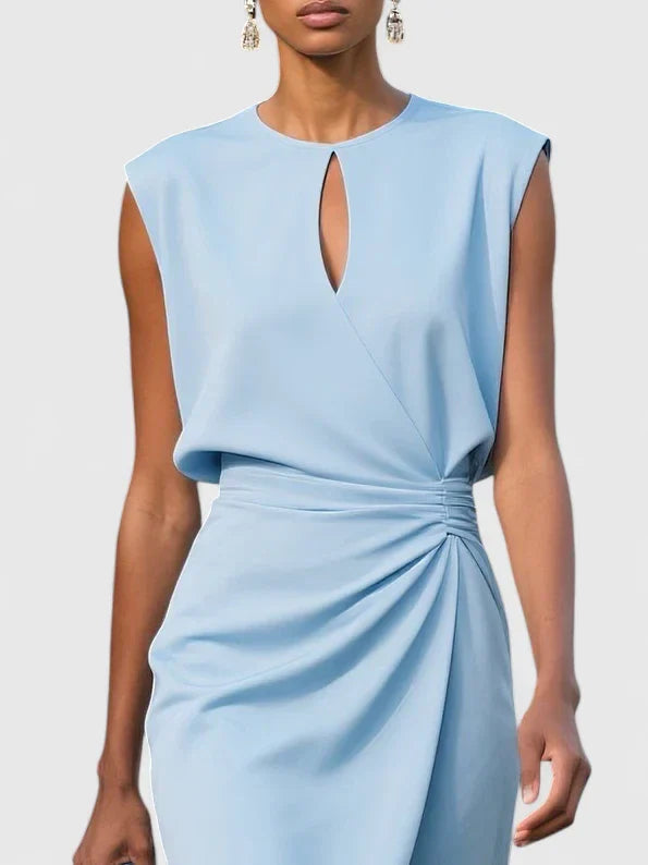 Celina women's black sleeveless keyhole sheath dress with draped waist.