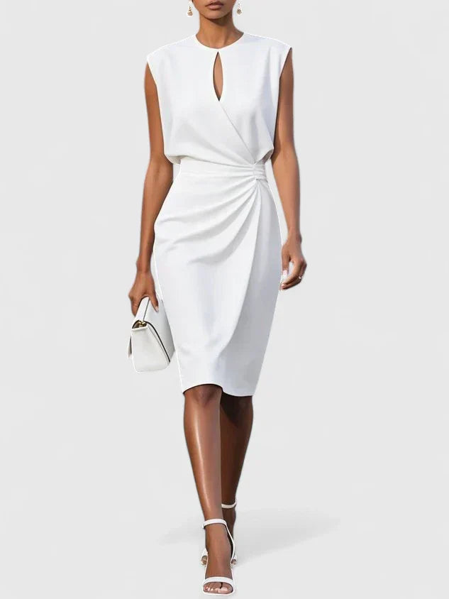 White sleeveless keyhole sheath dress with draped waist, perfect for women.