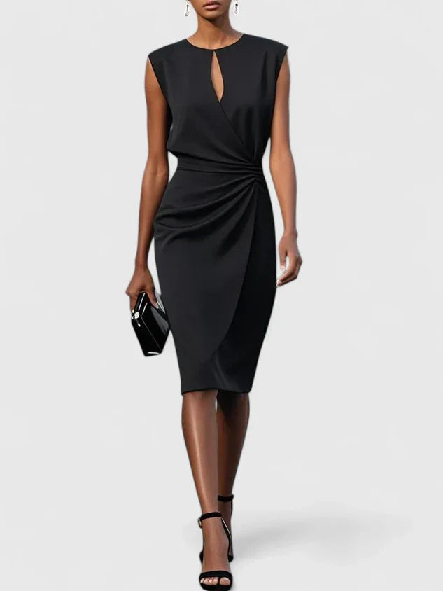 Black sleeveless keyhole sheath dress with draped waist.