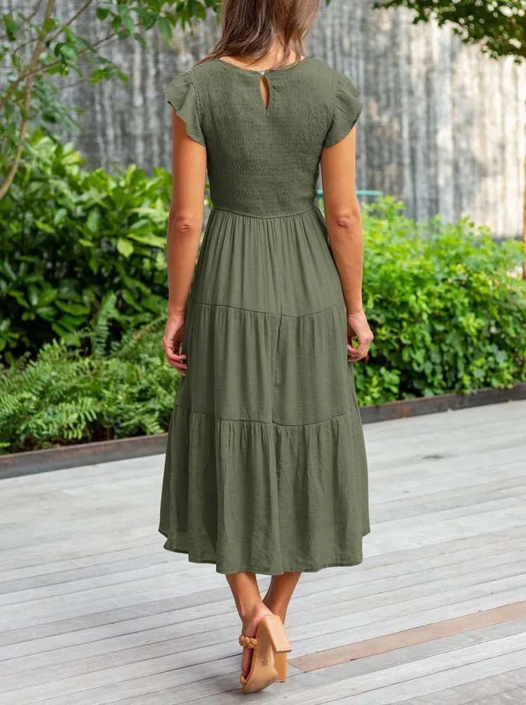 Women's Clara tiered cap sleeve midi dress in olive green, featuring a fitted bodice and flowing skirt.