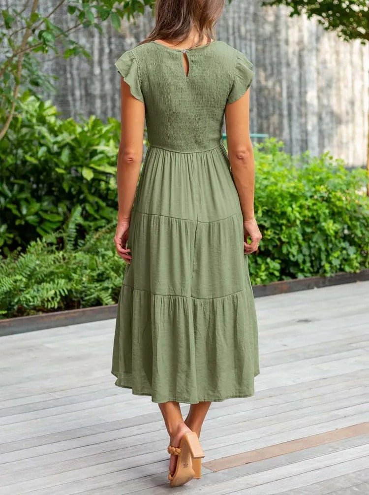 Clara Women's Tiered Cap Sleeve Midi Dress in olive green, featuring a fitted bodice and flowing tiered skirt.